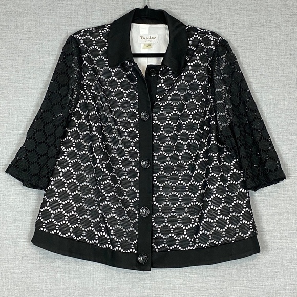 TanJay Petites Crop Sleeve Top Black Cut Outs over White Sz 16P - Picture 1 of 8